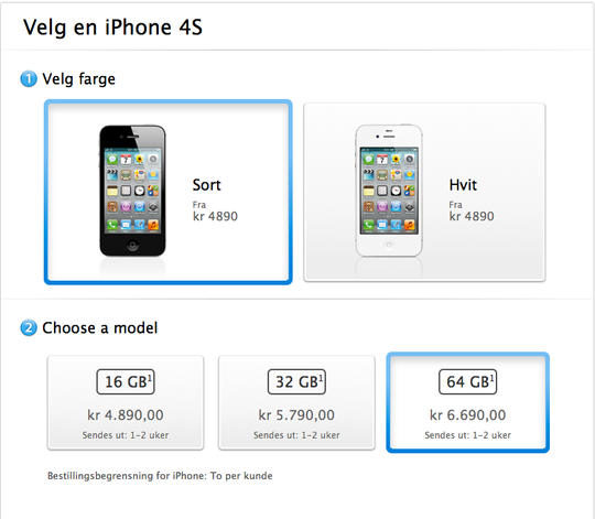 iPhone 4S kommer i tre forskjellige modeller og i fargene sort og hvit. Prisene er 4890,- (16 GB), 5790,- (32 GB) og 6690,- (64 GB).