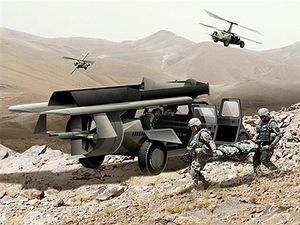 AMBISIØST PROSJEKT: Den flygende humvee-en skal kunne fly opp til fire personer i tillegg til utstyr 400 kilometer på én tank, ta av og lande vertikalt og flys av en soldat uten at han eller hun trenger pilotutdanning.