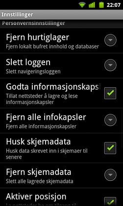 En liten del av innstillingsmenyen i Android OS' innebygde nettleser.