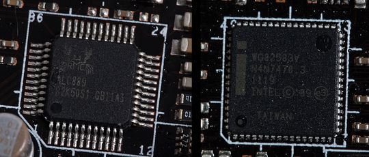 Realtek ALC889 audiokontroller til venstre, Intel WG82583V nettverkskontroller til høyre.