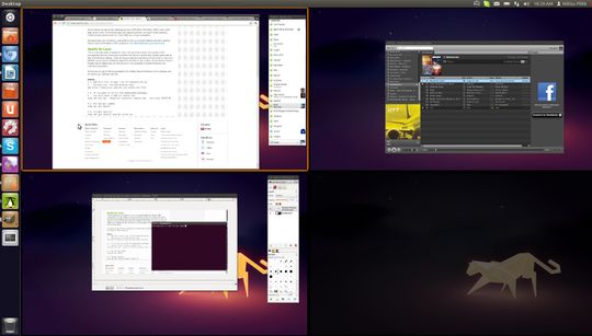 Ubuntu gjør det veldig enkelt å bruke flere skrivebord, å flytte programmene fram og tilbake. Sånt liker vi!