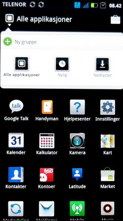 Du kan lage egne grupper i hovedmenyen, i tillegg til å se sist brukte programmer.