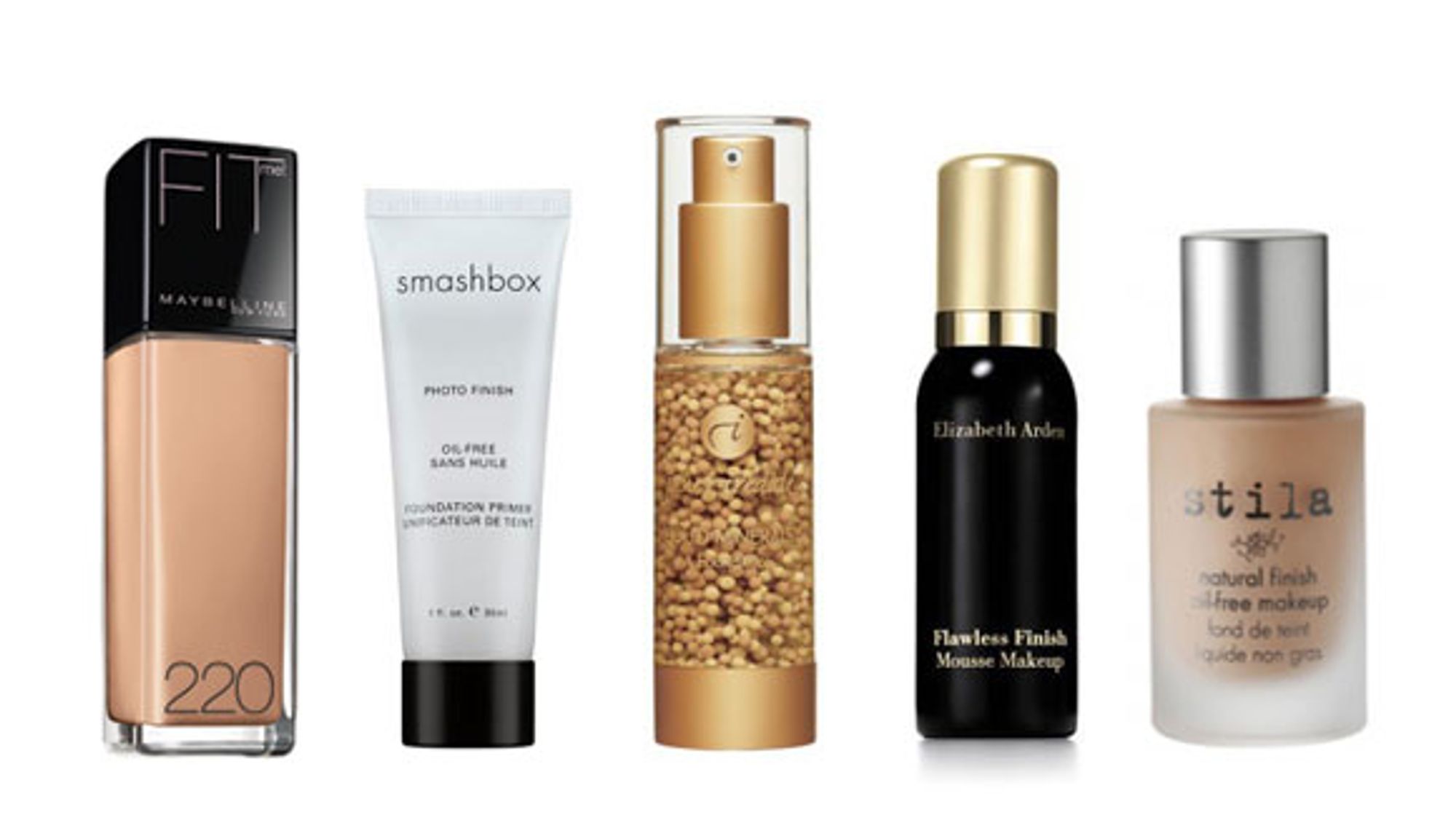 NATURLIG RESULTAT: Disse produktene skal gi deg en lett og glødende finish. (F.v.:) Maybelline Fit Me Foundation (159 kr), Smashbox Photo Finish Foundation Primer (385 kr), Jane Iredale Liquid Minerals A Foundation (ca. 360 kr hos feelunique.com), Elizabeth Arden Flawless Finish Mousse Makeup (ca. 160 kr hos feelunique.com), Stila Natural Finish Oil-free Makeup (ca. 220 kr hos lookfantastic.com).