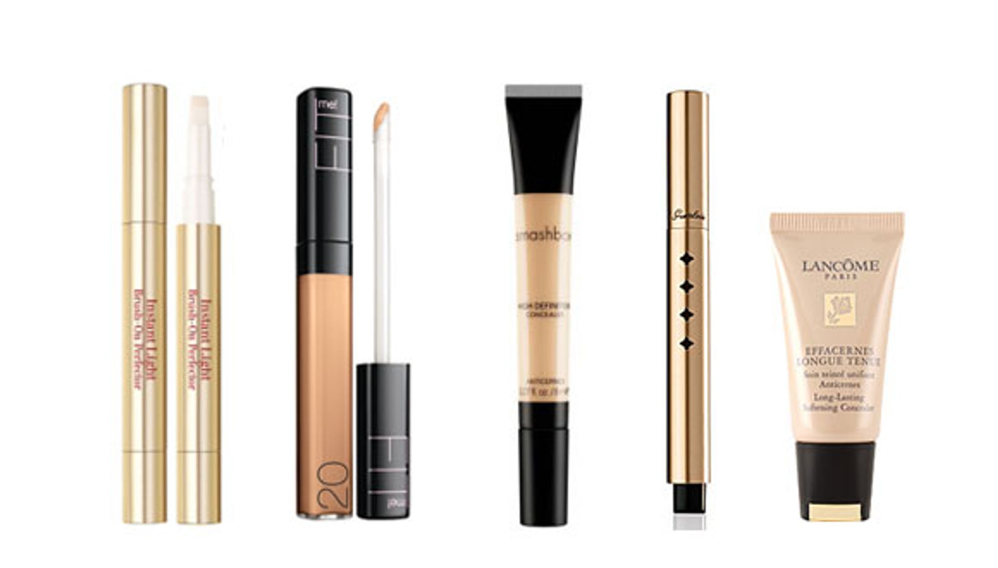 DEKK TIL OG JEVN UT: Disse concealerene skal skjule alle ulumskheter. (F.v.) Clarins Instant Light Brush-on Perfector (ca. 220 kr hos lookfantastic.com), Maybelline Fit Me Consealer (109 kr), Smashbox High Definition Liquid Concealer (235 kr), Guerlain Terracotta Touch Highlighter (335 kr), Lancôme Effacernes Concealer (290 kr).