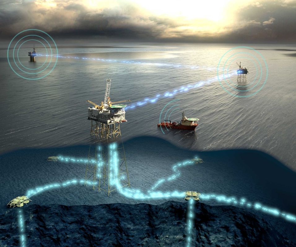 Skissen illustrerer hvordan Tampnet leverer kommunikasjon til de ulike typer farkoster og installasjoner til havs, enten det er olje-plattformer, skip eller satellitter på havbunnen. 
