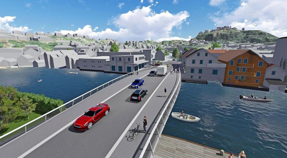 Slik kan den nye bybrua i Flekkefjord se ut. Seks firmaer har meldt sin interesse for å prosjektere den. (Ill: Multiconsult/NUNO arkitektur)