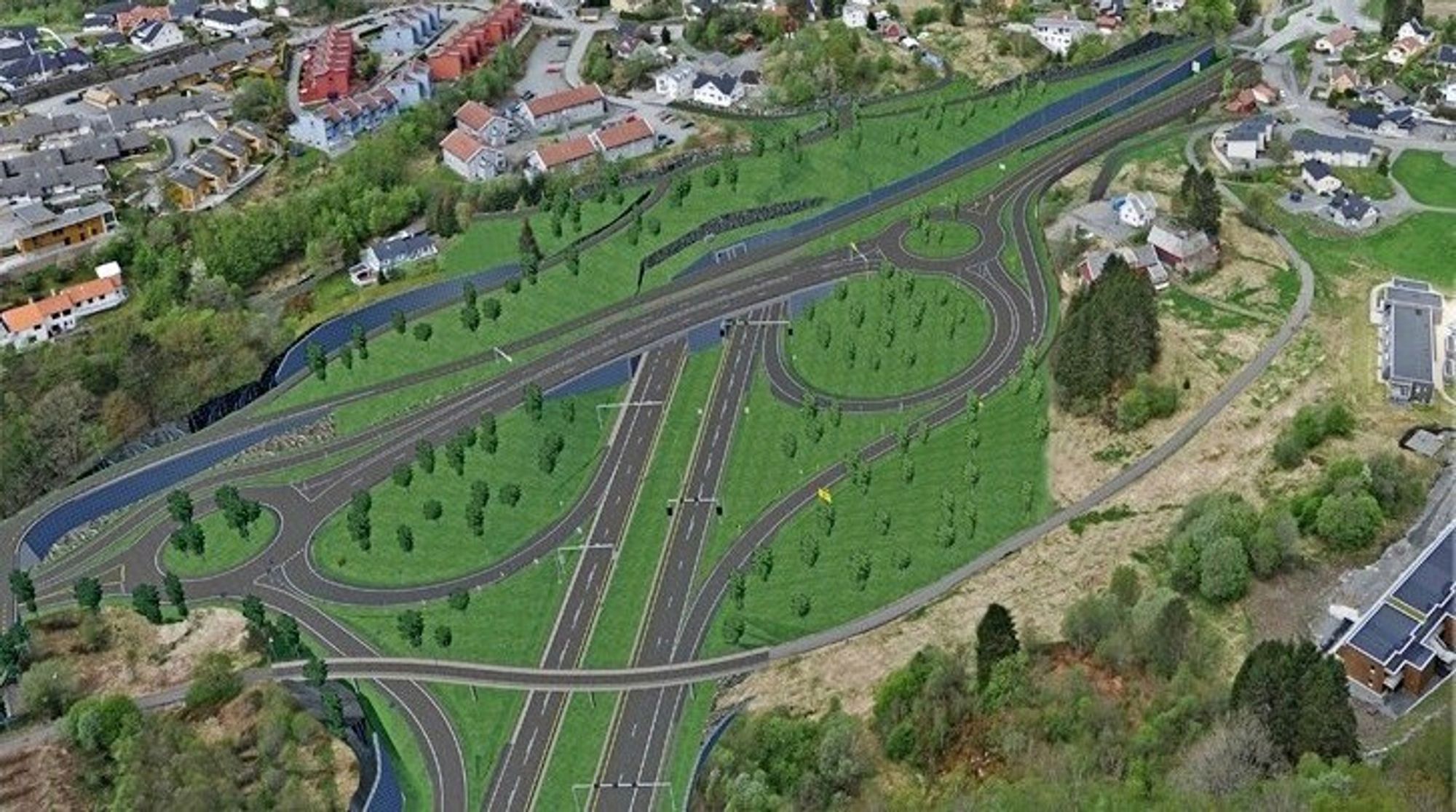 Dette er det ene av to planskilte kryss på dagsonen i Rådal. Mye rart skal skje hvis ikke Implenia får i oppdrag å anlegge det. (Ill.: Statens vegvesen)