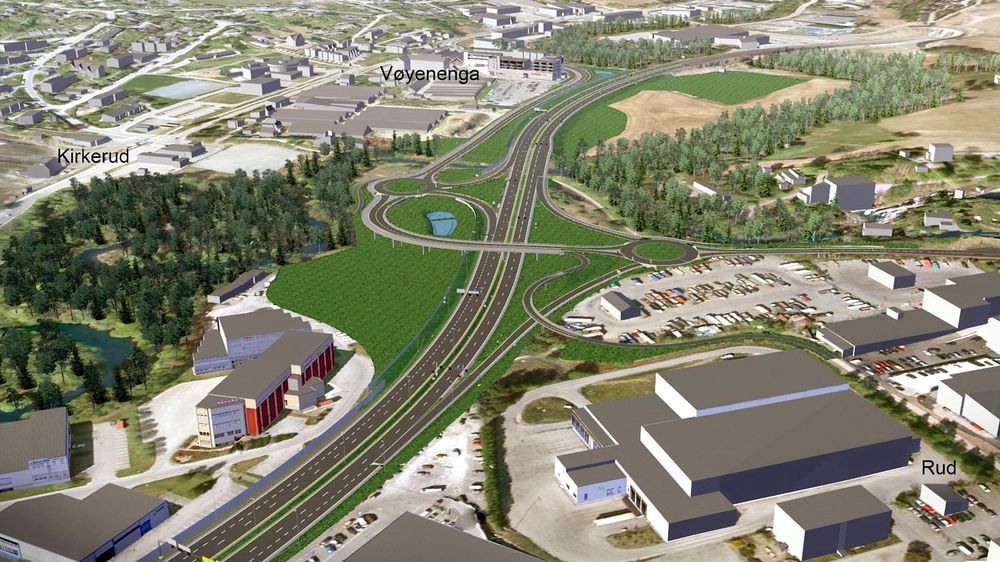 Ny E16 sett mot nord. I krysset midt på bildet møtes E16 og Lommedalsveien. Den nye lokalvegen går videre mot nord parallelt med motorvegen. (Ill.: Aas-Jakobsen og ViaNova)