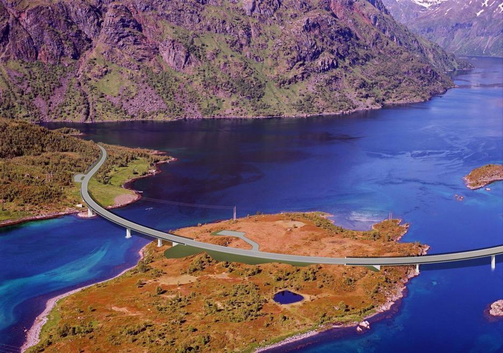 Bruene over Øksfjorden skal bygges i spektakulære omgivelser. Mesta ble den heldige vinneren av kontrakten.