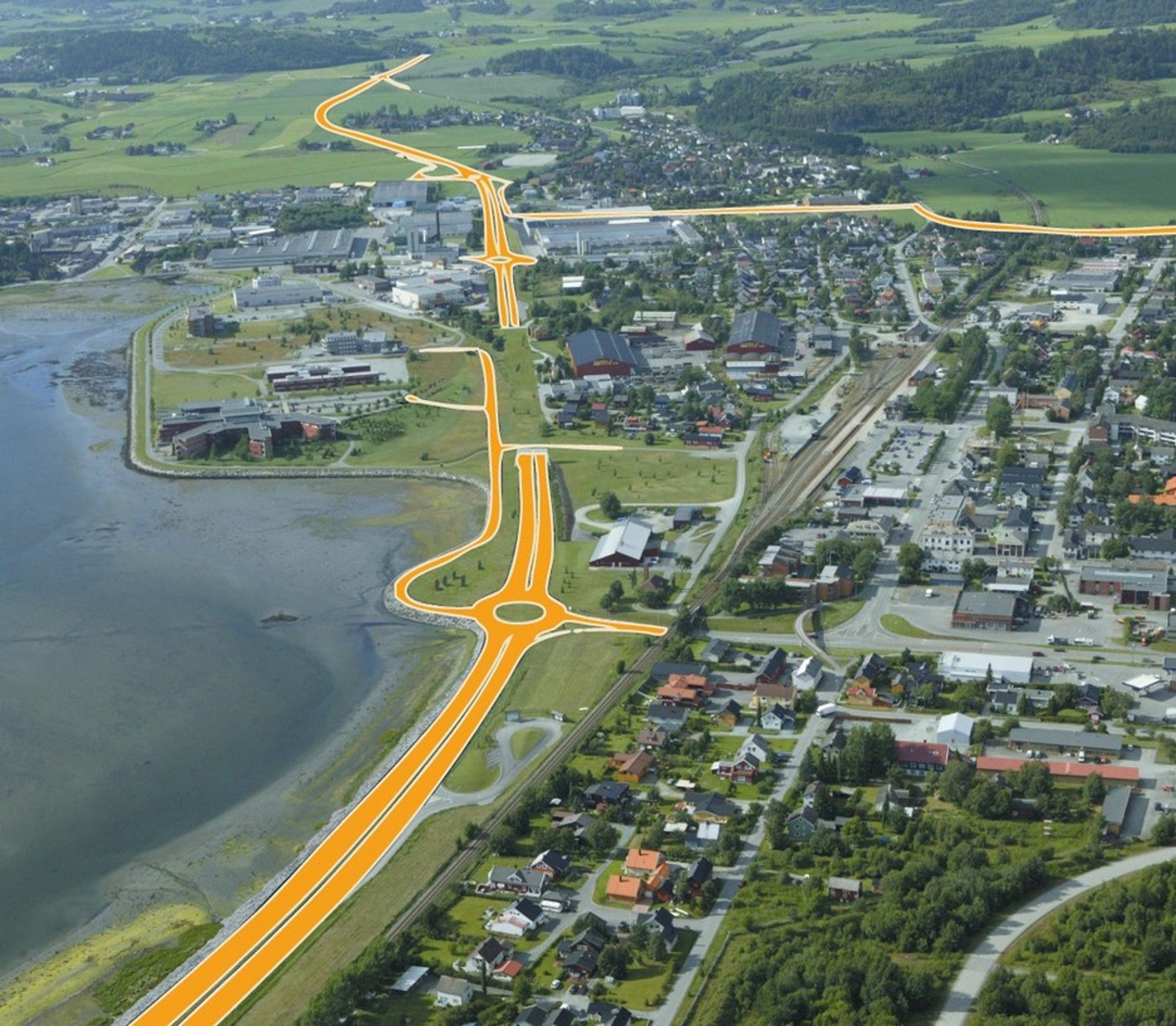 Ny fire-felts E 6 gjennom Stjørdal er markert med gult. I forbindelse med etableringen av Tangtunnelen midt på bildet må ledninger legges om. Brødrene Bjerkli ligger godt an til å få den jobben.