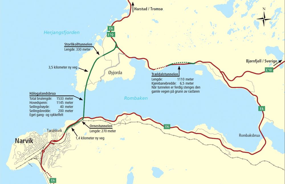 E 6 blir 18 km kortere når Hålogalandsbrua åpnes i 2016. E. Pihl &amp; Søn har gode muligheter til å få kontrakten på tilstøtende veger. (Ill.: Statens vegvesen)