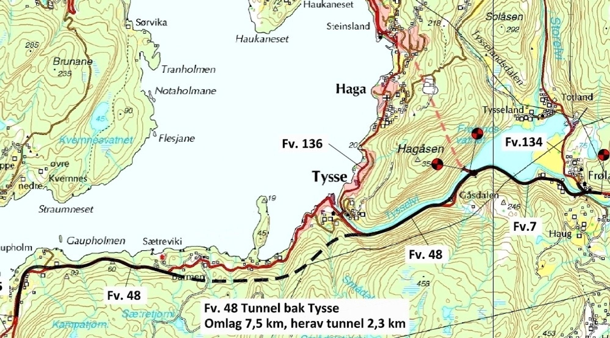 Den svarte linjen markerer strekningene som skal utbedres. De 7,5 kilometrene som er oppgitt på kartet er summen av strekningene på fv 48 og fv 7. (Ill.: Statens vegvesen)