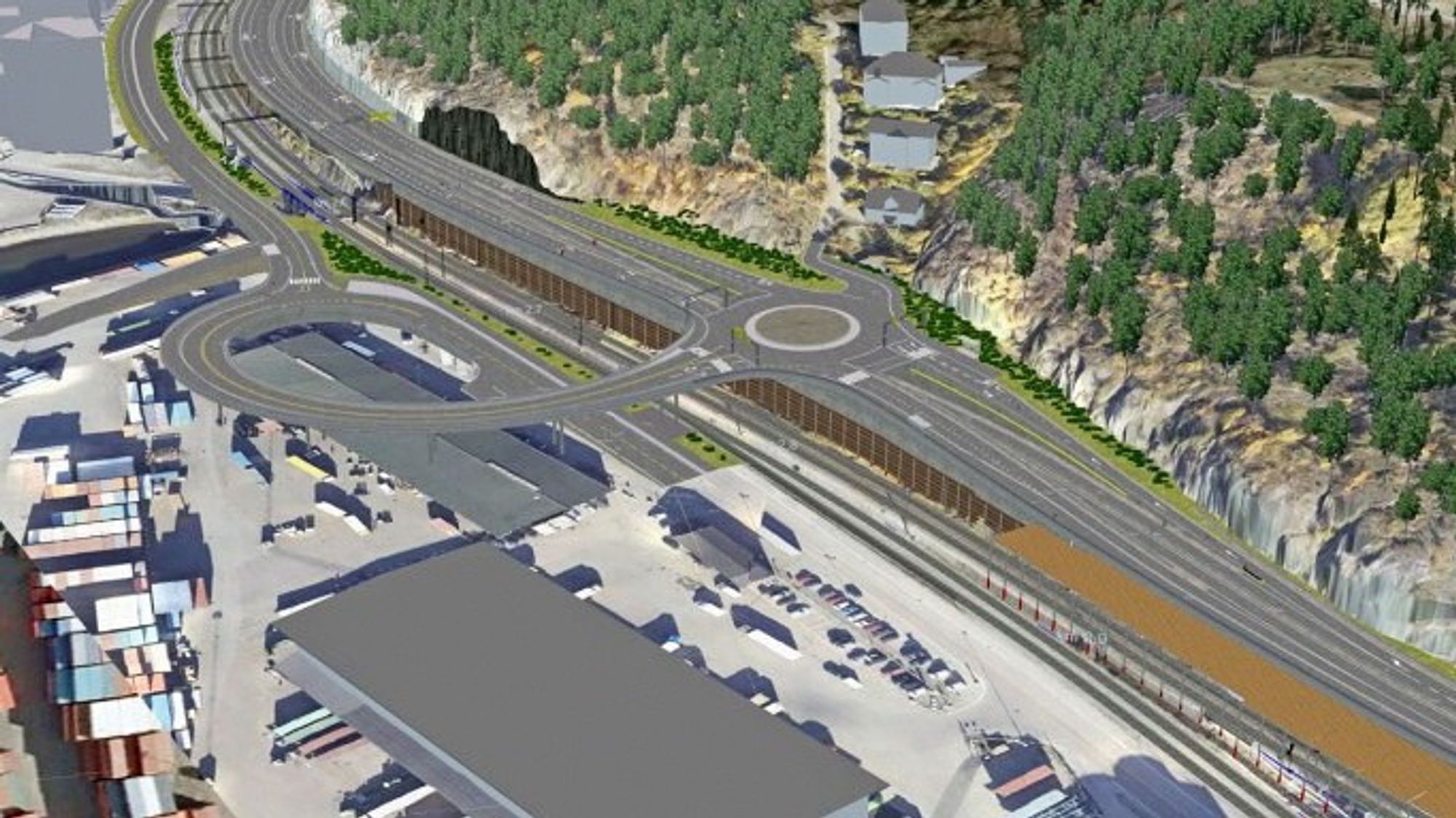 Denne rundkjøringen ved Kongshavn blir den framtidige forbindelsen mellom E 18 og havneområdene sør for sentrum i Oslo. (Ill. Statens vegvesen)