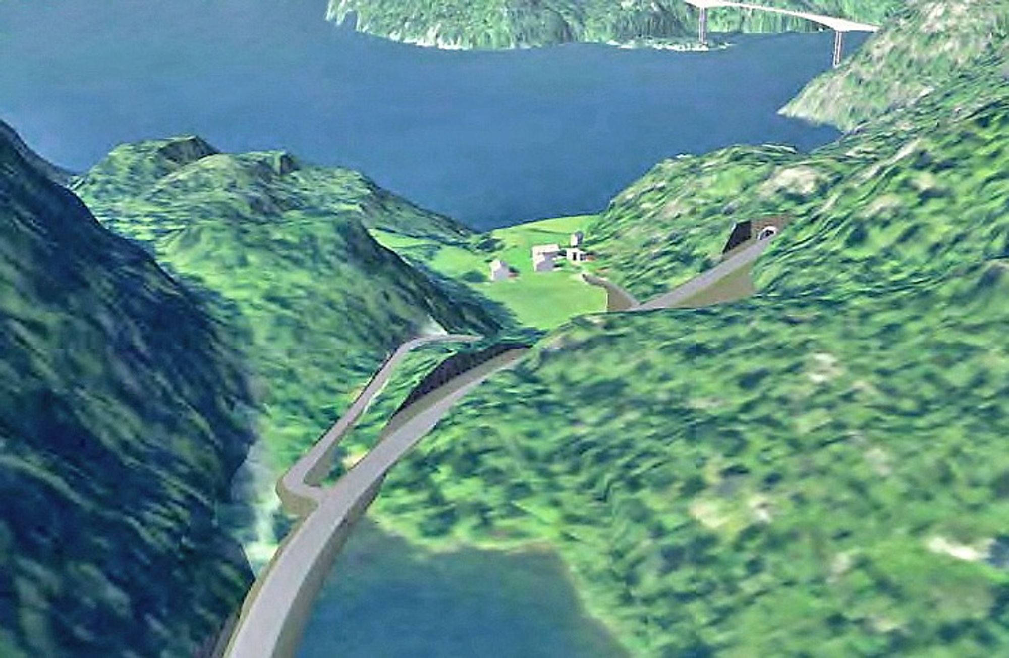 Bildet viser en del av tilførselsvegen fra øst. Brua over Sandsfjorden ses i bakgrunnen.