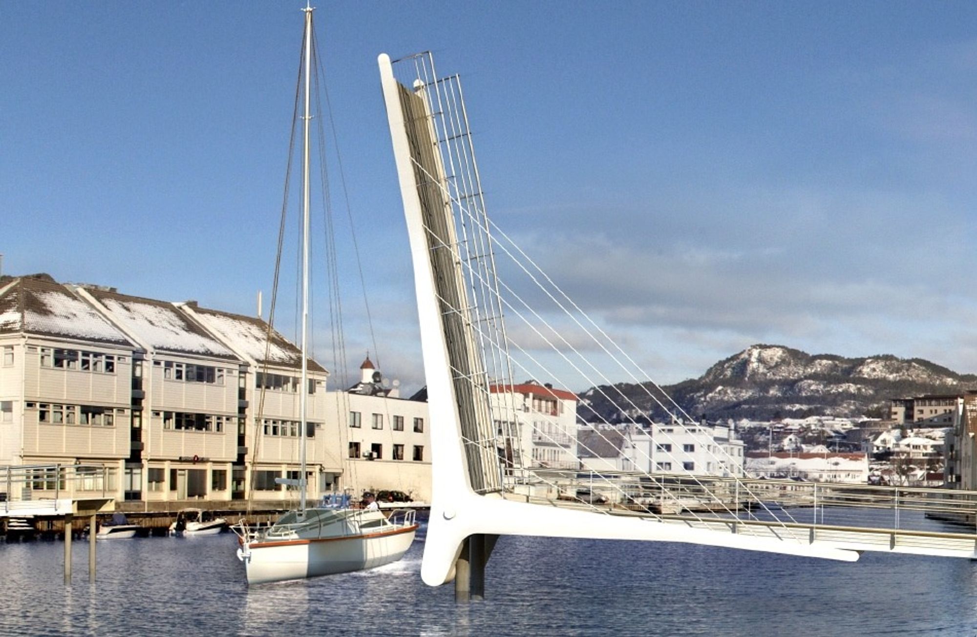 Dette synet blir ikke så vanlig i Flekkefjord. De fleste båter som går opp Elva, kan gå under brua selv om klaffen ligger nede. Ill.: NUNO arkitektur