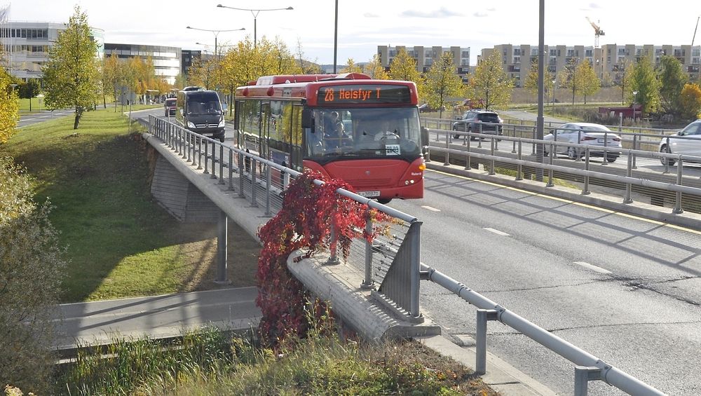 Dette er en av bruene som må utvides i bredden for å gi plass til kollektivfeltet. Bussene som går i en jevn strøm på fylkesveg 166, får bedre forhold om vel et år. (Foto: Anders Haakonsen