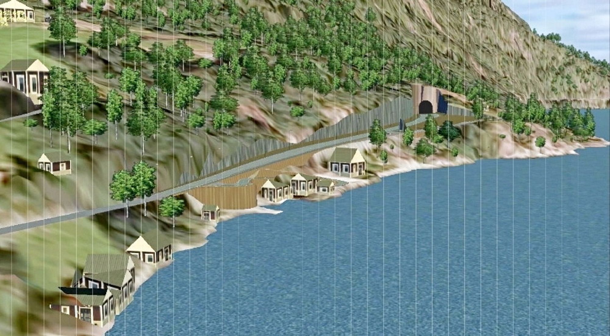 Illustrasjonen viser tunnelinnslaget i sørvest og tilstøtende veg ved Folkedal. Alt tyder på at Veidekke skal drive tunnelen. (Ill.: Statens vegvesen)