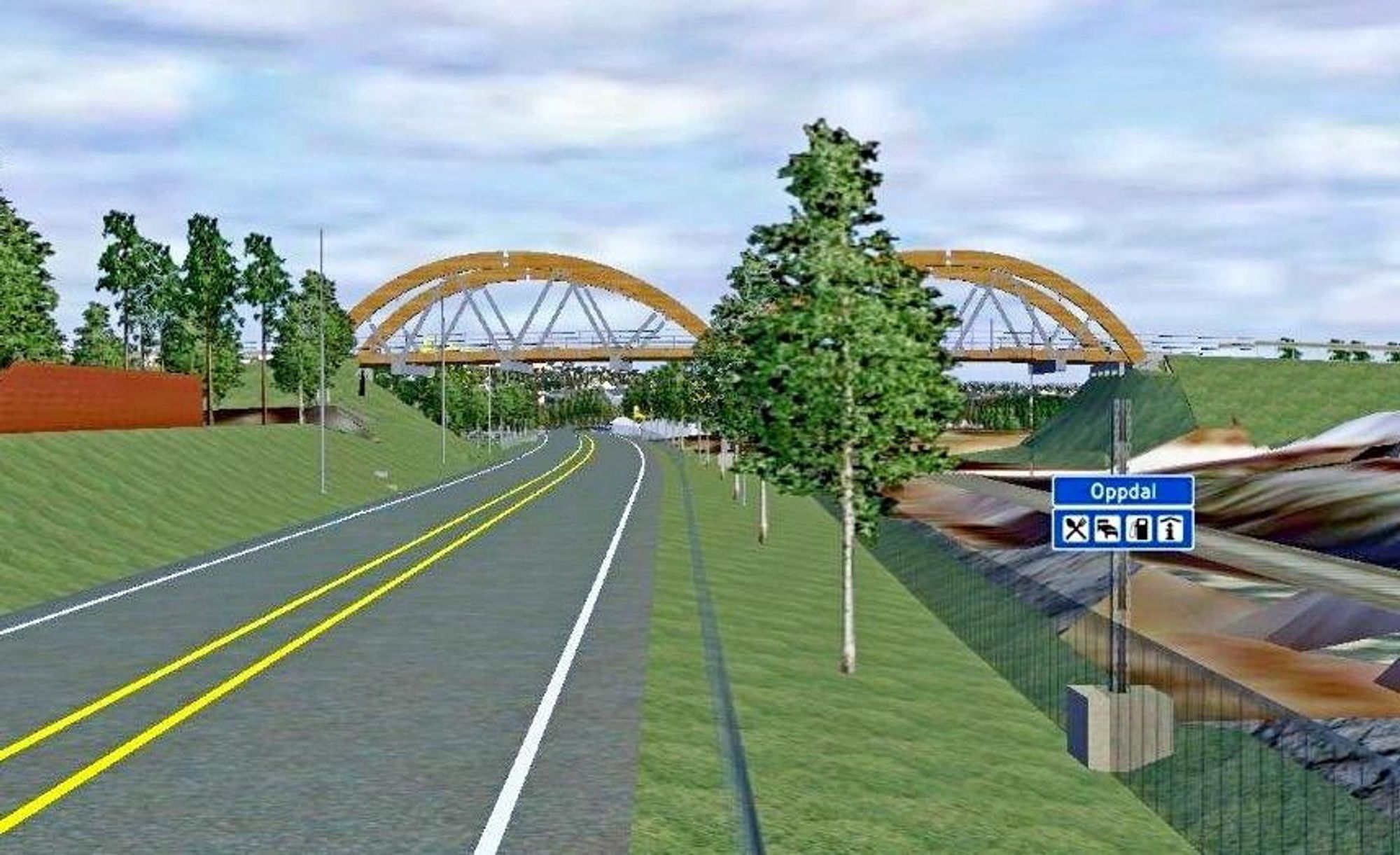 Dette er Kåsabrua som skal føre en lokalveg over E6 og Dovrebanen. Det er en buebru i tre med en lengde på 55 meter fordelt på to spenn. (Ill.: Statens vegvesen)