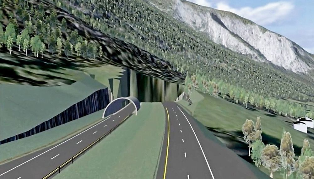 Den 3,6 km lange tunnelen gjennom Teigkampen inngår i ny E6 mellom Vinstra og Sjoa. Den får bare ett i løp i denne omgangen, derfor er det ingen portal over løpet til høyre. (Ill.: Reinertsen)