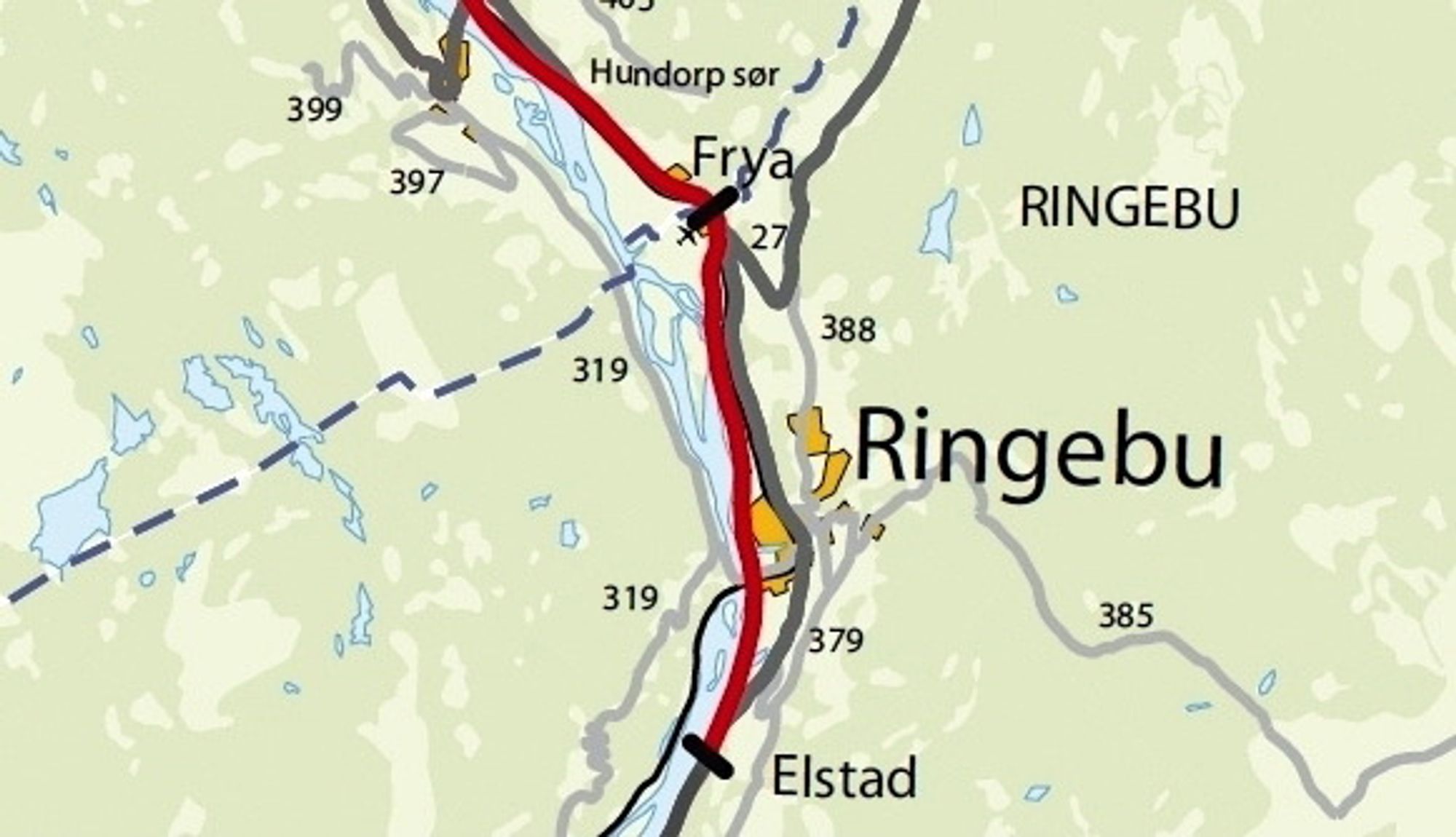 Den røde linjen markerer ny E 6. Det er stor interesse for å prosjektere den. (Ill.: Statens vegvesen)