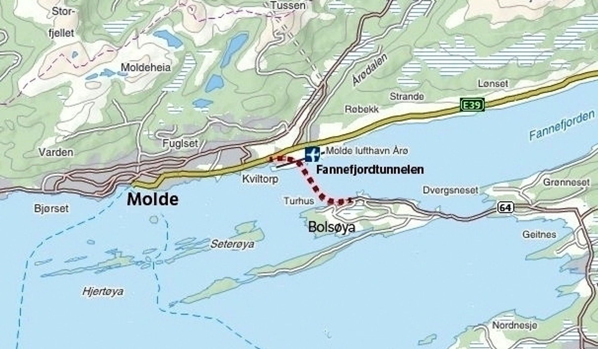 Trafikantene på fylkesveg 64 får en omveg på ca. en halv time mellom kl. 18 og kl. 6 mens Implenias folk oppgraderer Fannefjordtunnelen. (Ill.: Statens vegvesen