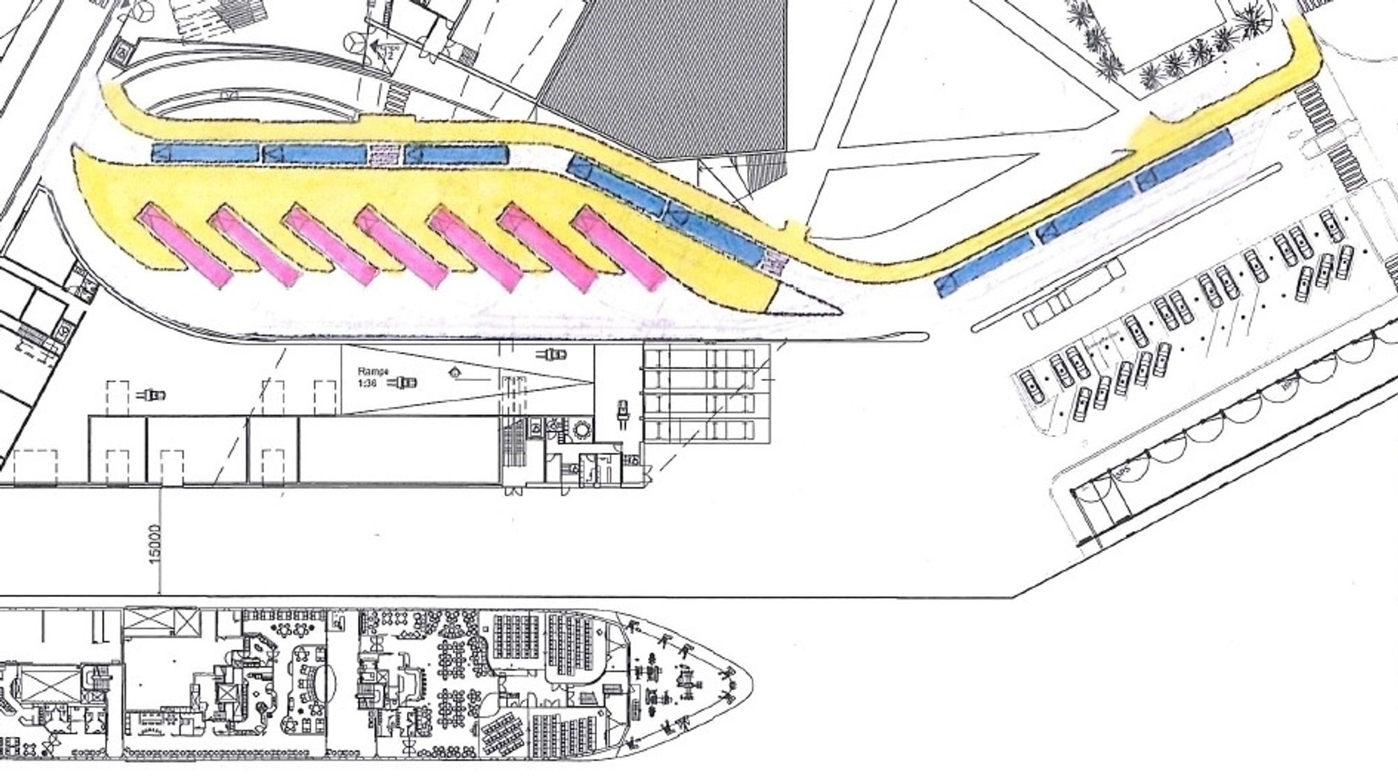 Tegningene viser bakkeplan i den nye terminalen. De røde bussene er rutebusser, de blå er turbusser for hurtigrutepassasjerer, og det gule arealet er perronger og fortau. (Ill.: Tromsø Havn KF)