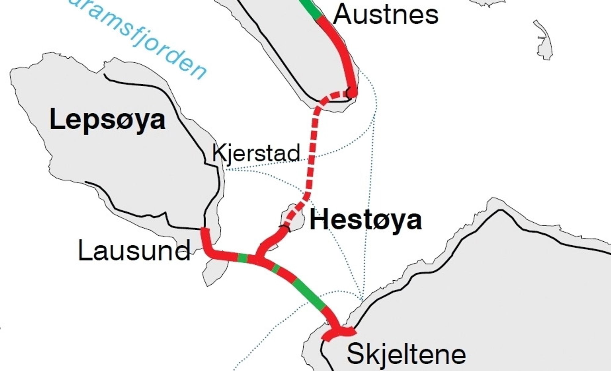 Det lange, grønne feltet viser traséen til Lepsøybrua. En vesentlig del av vegforbindelsen mellom Lepsøya, Hestøya og fastlandet vil gå på fylling. (Ill.: Statens vegvesen)
