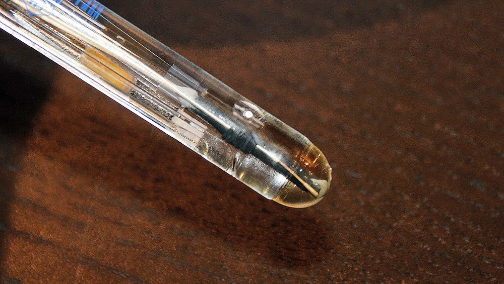 En typisk pH-elektrode. Den lille hvite prikken på glasskolben er et diafragma, et ørlite hull i glasskolben. Om det går tett velger mange å kaste elektroden – men det er enkelt å fikse.