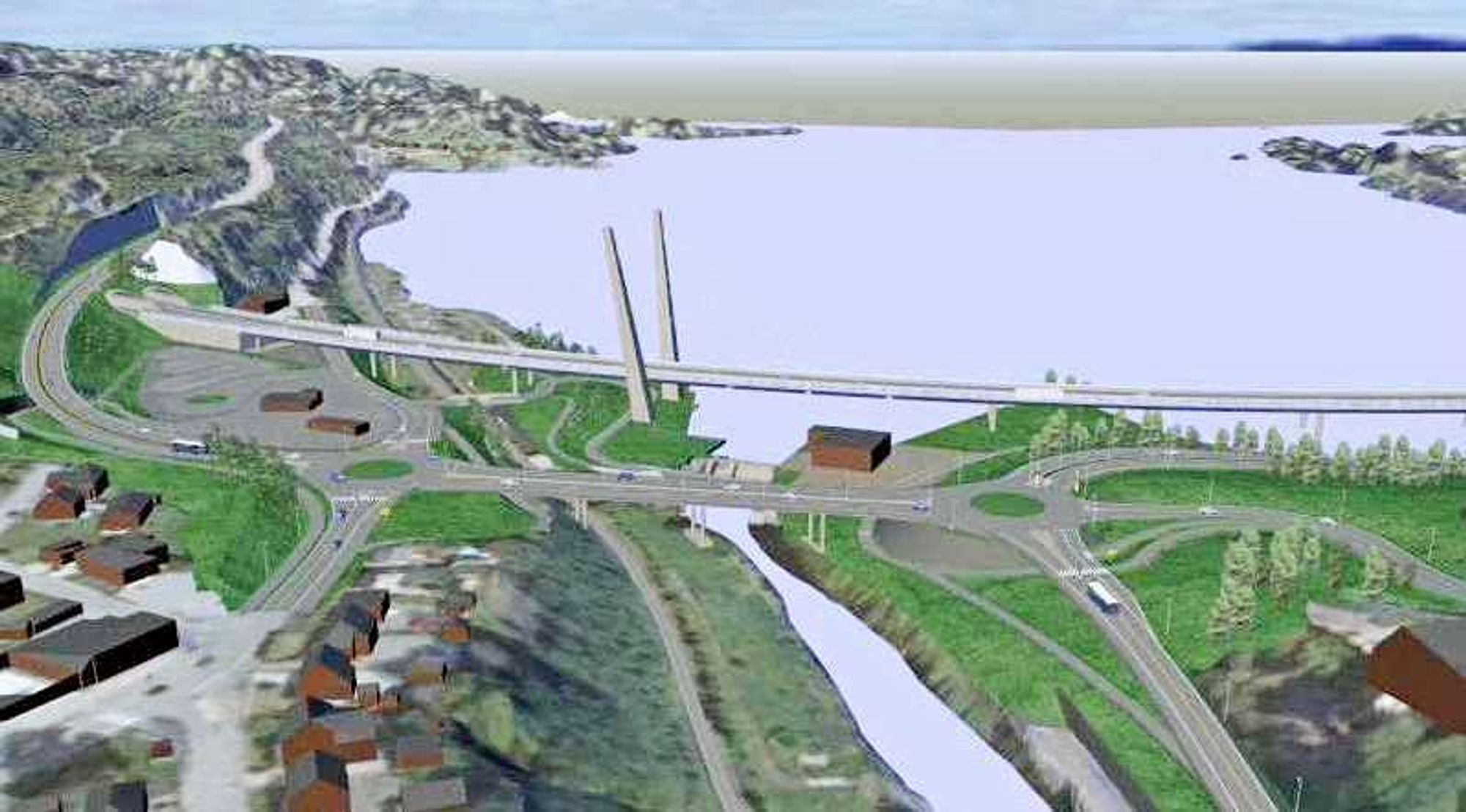 Farrisbrua blir det mest iøyenfallende elementet i ny E18 mellom Bommestad og Sky. Østre ende av Martineåstunnelen ses til venstre. (Ill.: Statens vegvesen)
