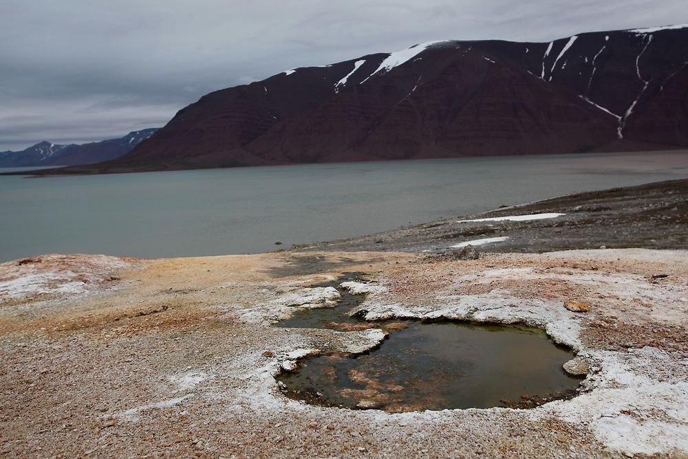 Bildet viser en varm kilde i Bockfjorden på Svalbard. Disse kildene er for langt unna bebyggelsen til å brukes til oppvarming, men den samme energien kan utnyttes i dype geotermiske anlegg.
