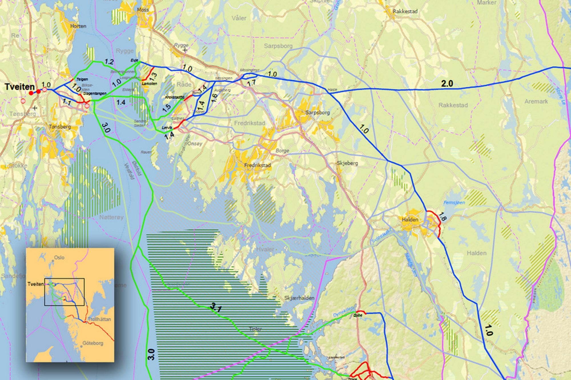 MELDINGSKARTET: Statnetts meldingskart over den såkalte SydVest-linken. Grønne linjer er sjøkabel, blå er luftledning og rød jordkabel.