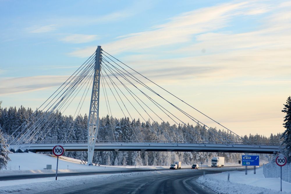 Strekningen Kolomoen-Moelv i Hedmark er en av fem veistrekninger som er prioritert utbygget, ifølge Nye Veier. Her den nye brua over E6 ved Kolomoen.