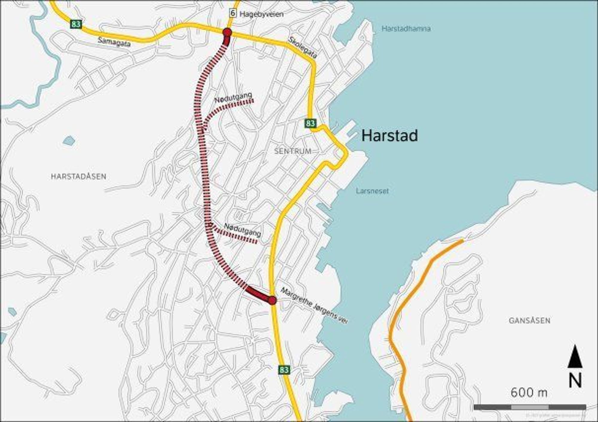Harstadåsen ligger vest for Harstad sentrum. Tunnelen som er oppkalt etter den blir 1 450 meter lang.