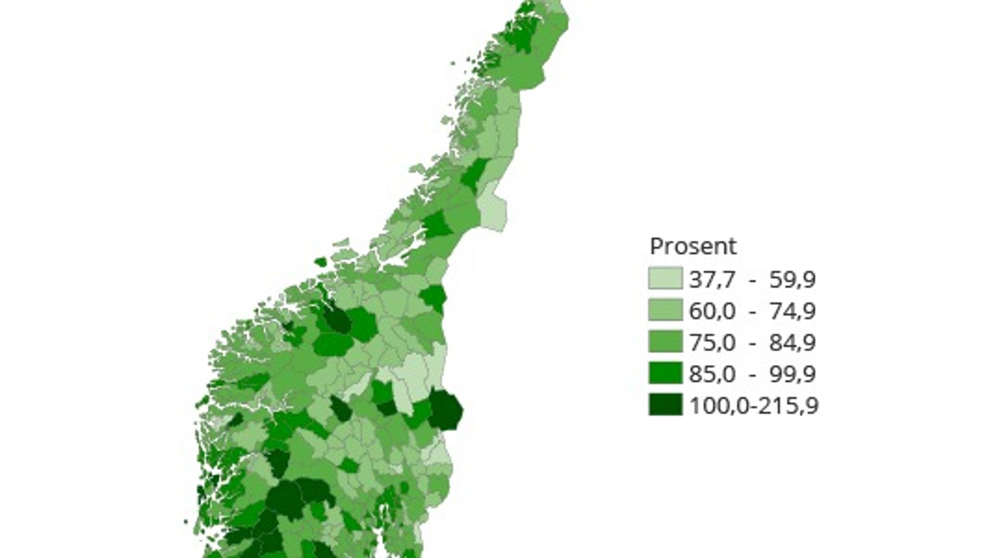 Kartet viser hastighetsforskjellene på fast bredbånd i norske kommuner.