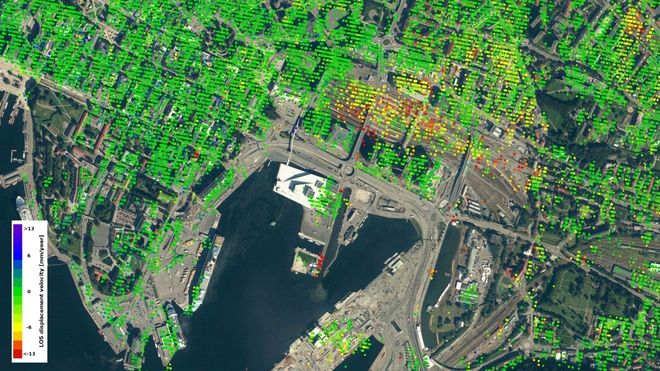 Se de ferskeste satellittbildene som viser hvor mye byggene i Bjørvika synker