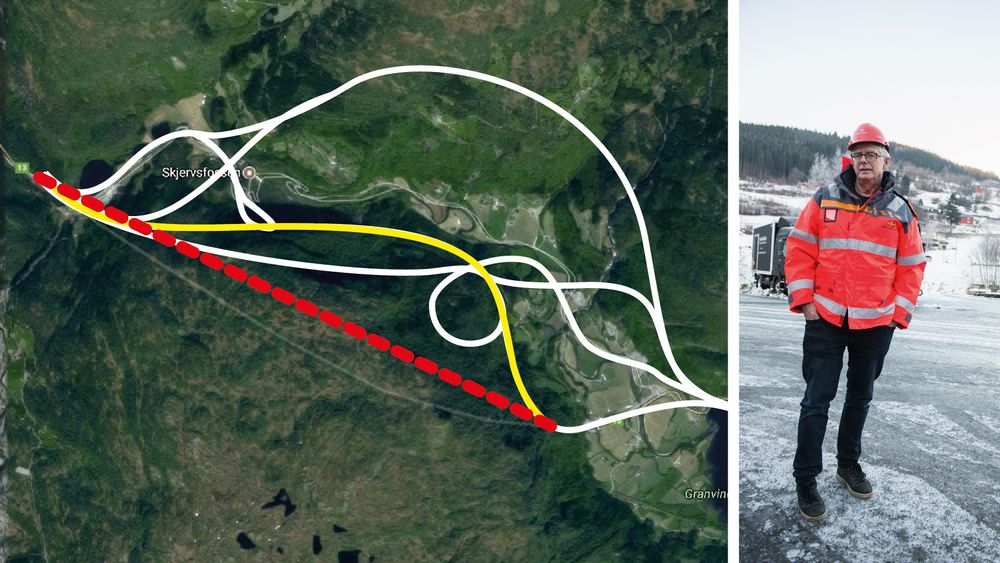 Prosjektleder Lars Magnar Røneid (til høyre) erstattet kommunens regulerte tunnelforslag (gul linje) ved å tegne en rett strek på kommunekartet (rød, stiplet linje). Røneid løsning løste ikke bare sikkerhetsproblemene, prosjektet endte også opp med å bli 125 millioner billigere enn opprinnelig anslått. De hvite linjene viser flere av de andre forslagene kommunen vurderte.