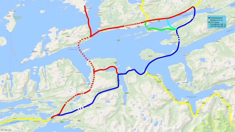 Romsdalsaksen, her merket med blått, ble nedstemt som alternativ trase for E39 gjennom deler av Møre og Romsdal av fylkesutvalget i går.