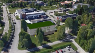 Slik, som bygget midt i bildet, med grønt tak, kan det nye kompetansesenteret bli plassert på NMBU i Ås. Plasseringen er kun en skisse, det er ikke tatt noen beslutning om plassering.