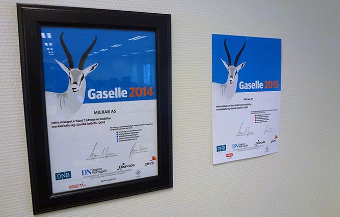 GASELLEVINNER x 3: Tre år på rad er Milrab blitt kåret til en gaselle av Dagens Næringsliv. Årets diplom er ennå ikke ankommet kontoret på Alfaset. En gasellebedrift må ha levert godkjente regnskaper, minst doblet omsetningen over fire år, hatt en omsetning på over en million kroner første året, vise til positivt samlet driftsresultat, unngått negativ vekst og ha vært aksjeselskap.