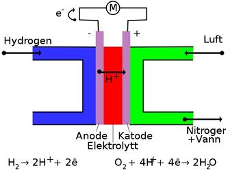 Brenselcellen lager elektrisk energi fra et drivstoff, som hydrogen, ved å la det reagere med oksygen ved hjelp av et oksidasjonsmiddel i en elektrokjemisk prosess. Cellen består av en katode, en anode og en elektrolytt som er plassert mellom elektrodene. En brenselcelle skiller seg fra et batteri ved at den kjemiske energien hentes fra en ekstern kilde (drivstoffet), mens et batteri har den kjemiske energien lagret internt (lukket system). Kilde: Wikipedia