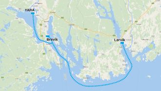 Kartet viser hvor det autonome skipet MV "Yara Birkeland" skal seile, fra Herøya til Brevik og Larvik containerterminaler.