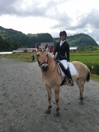 LITT UHELDIG: Laura Brons Nordgulen og hesten Aniksdal Viljar tok til slutt ein 4.plass i B-finalen i dressur under Fjordhest NM, trass litt uhell i både kvalifisering og finale.