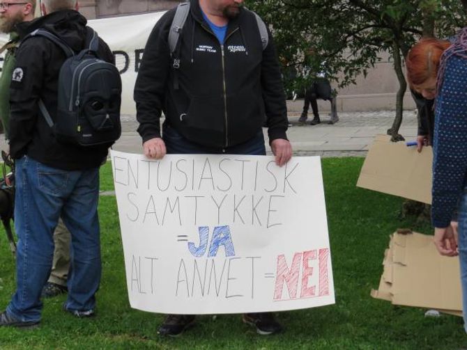 ENKELT: Ja er ja og alt anna er nei. Folk demonstrerte måndag med plakatar for rettstryggleiken til kvinner.