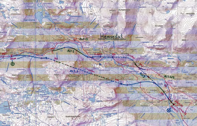 TUNNEL: Det mest tidsbesparande alternativet for dette vegstykkjet er ein 6,2 km lang tunnel sør for Hemsedal sentrum (den stipla linja, "alt. 1") Kart frå Statens Vegvesen sin KVU (Konseptvalutreiing)