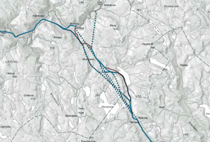 FLEIRE ALTERNATIV: Over Hemsedalsfjellet er lang tunnel frå Bjøberg til Borlaug eller tunnel frå Oset til Mørkdalen og veg i dagen vidare til Eraker (Den blåe linja som svingar vestover ved vatnet og går over i stipla linje (tunnel)) dei to alternativa Vegvesenet reknar som mest aktuelle. Kart frå Statens Vegvesen sin KVU (Konseptvalutreiing)