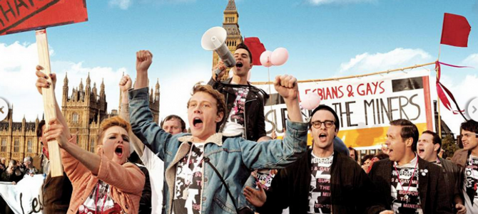 KULTURKOLLISJON: I filmen "Pride" møter me ei gruppe homofile i London, som identifiserer seg med gruvearbeidaranes kamp mot makta i Storbritannia året 1984.