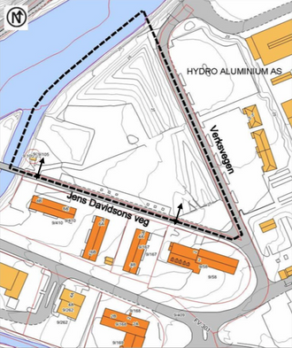 STORT OMRÅDE: Eit slikt forretningsbygg krev store område, og då var Hydroparken best eigna. Illustrasjon: Hanne Karin Tollan.