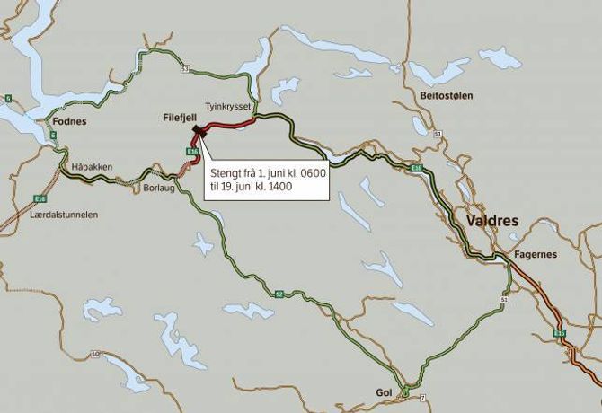 OMKØYRING: Mellom 1. juni og 19. juni er omkøyringsvegar fylkesveg 53 Tyin-Årdal og riksveg 52 Hemsedalsfjellet / fylkesveg 51 Golsfjellet. Kart: Statens vegvesen