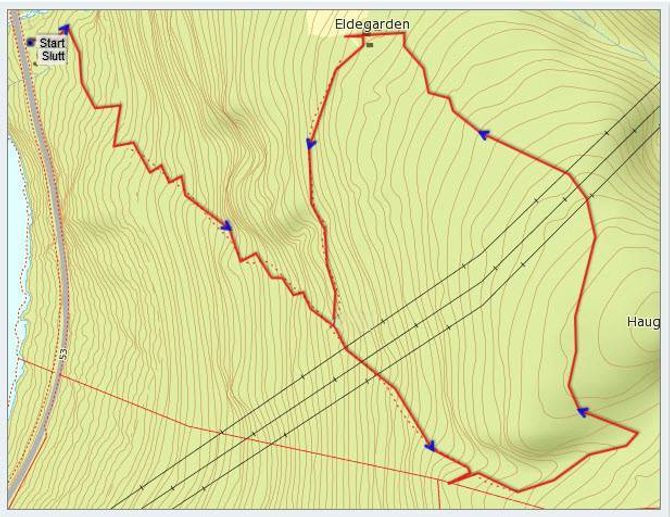 Kart over Eldegardsrunden: Statkart via Peakbook.org med innlagt GPS-spor av J. Asperheim