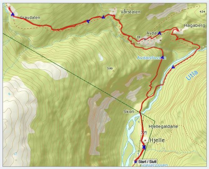 Kart: Statkart via Peakbook.org. Påteikna GPS-spor av J. Asperheim. Både normalruta og ruta om Avdalsskori er innteikna.